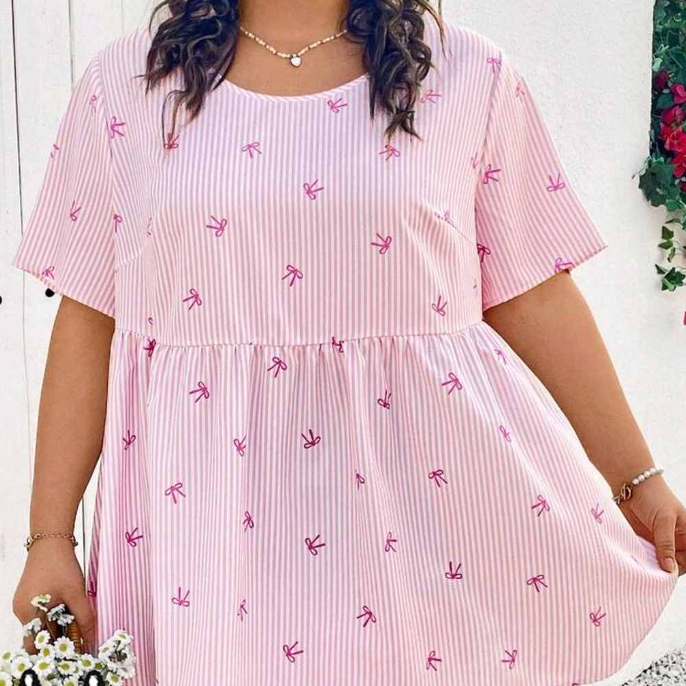 SHEIN Pink Striped Casual Top with Bow Print